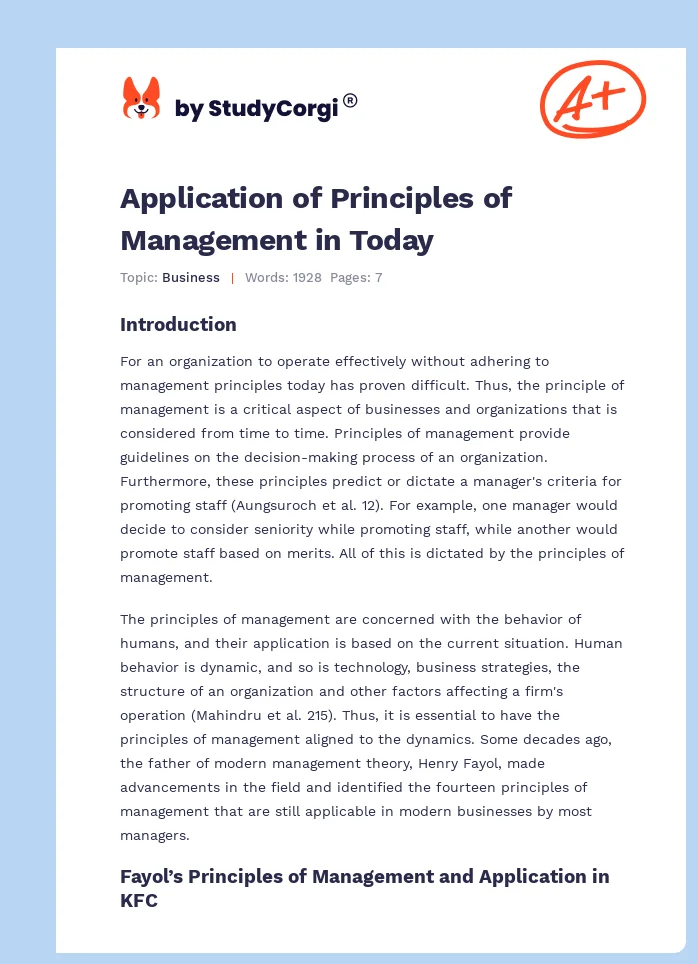 Application of Principles of Management in Today. Page 1
