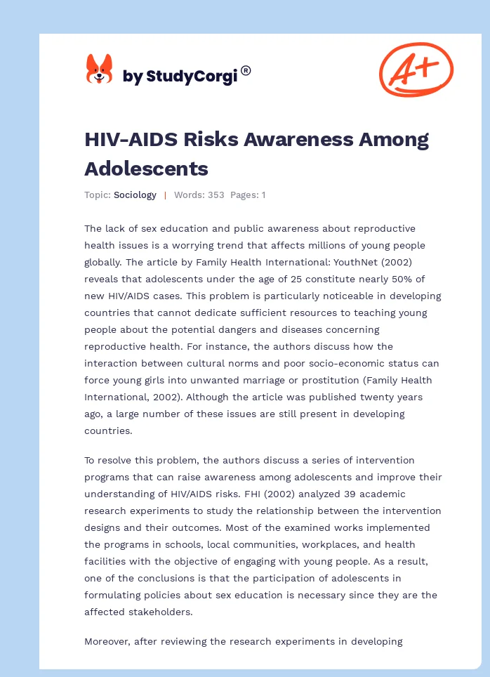 HIV-AIDS Risks Awareness Among Adolescents. Page 1