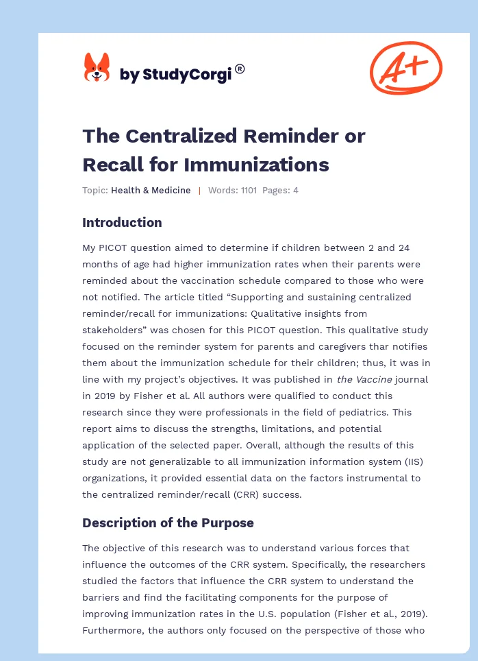 The Centralized Reminder or Recall for Immunizations. Page 1