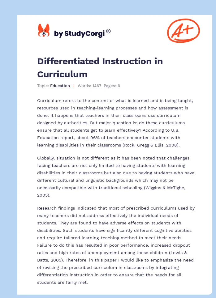 Differentiated Instruction in Curriculum. Page 1