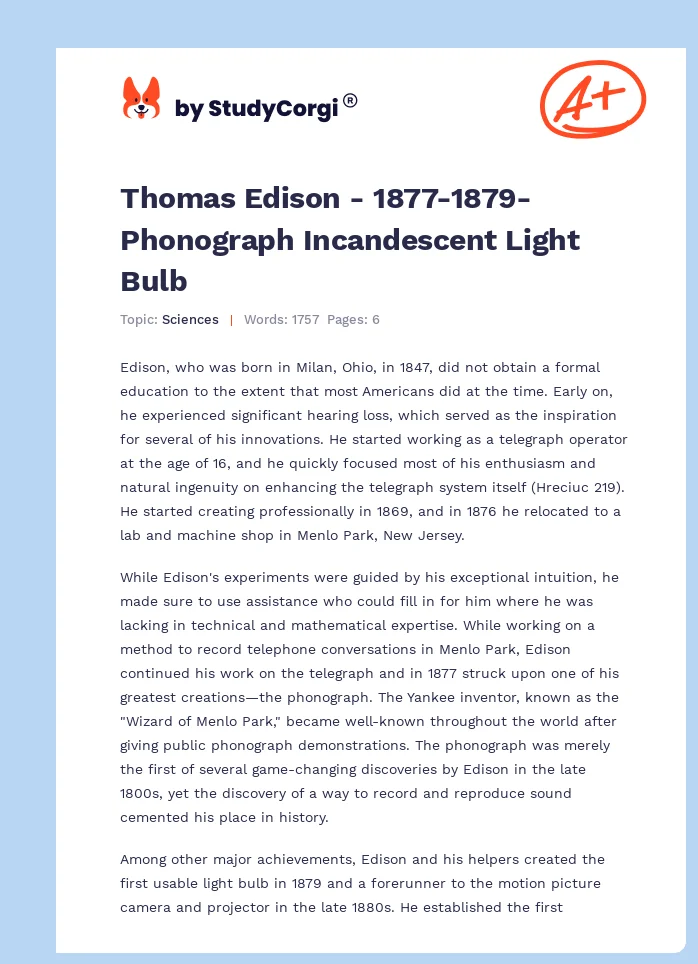Thomas Edison - 1877-1879- Phonograph Incandescent Light Bulb. Page 1