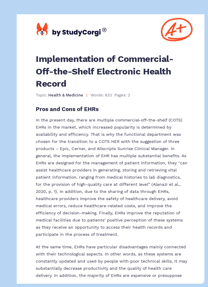 Implementation of Commercial-Off-the-Shelf Electronic Health Record. Page 1