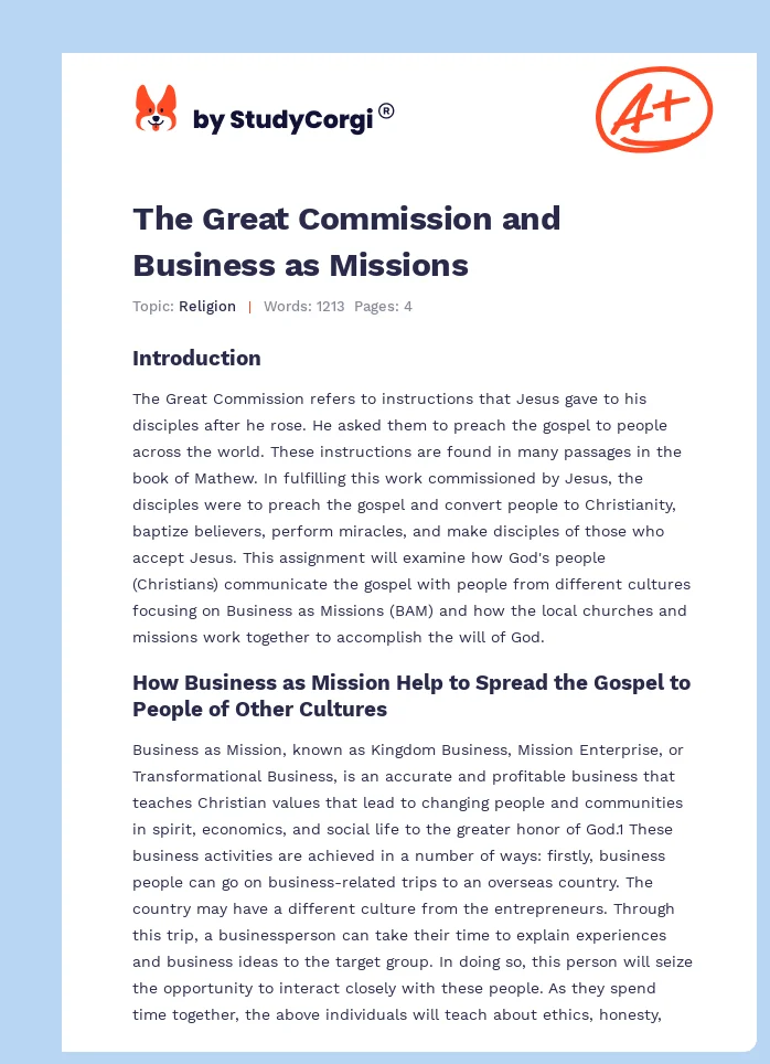 The Great Commission and Business as Missions. Page 1