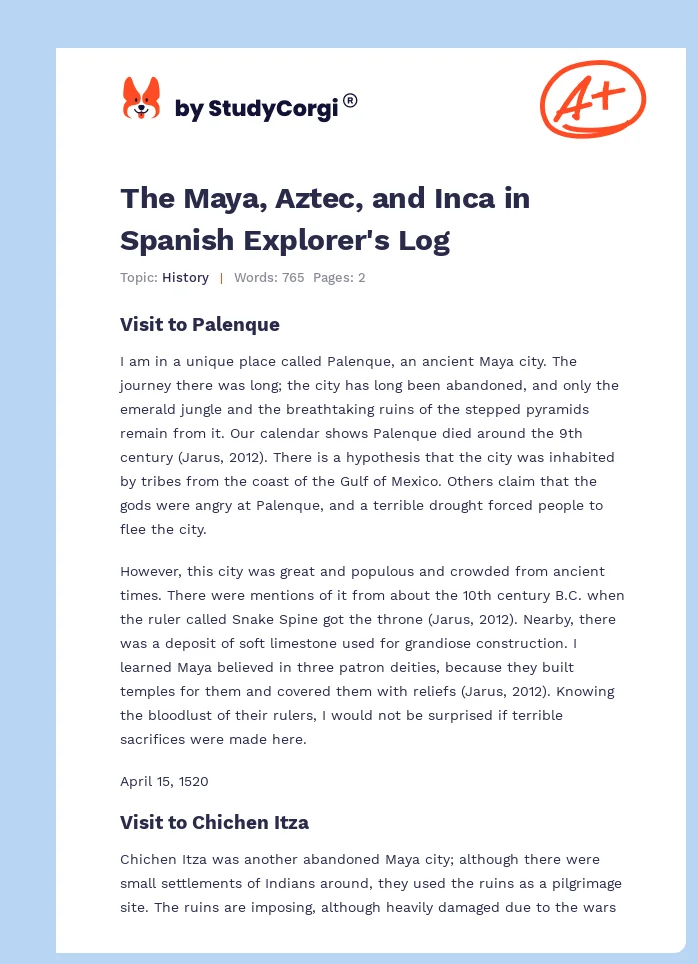 The Maya, Aztec, and Inca in Spanish Explorer's Log. Page 1