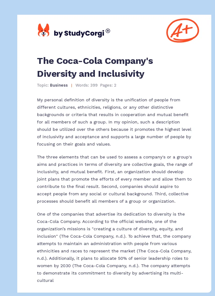 The Coca-Cola Company's Diversity and Inclusivity. Page 1