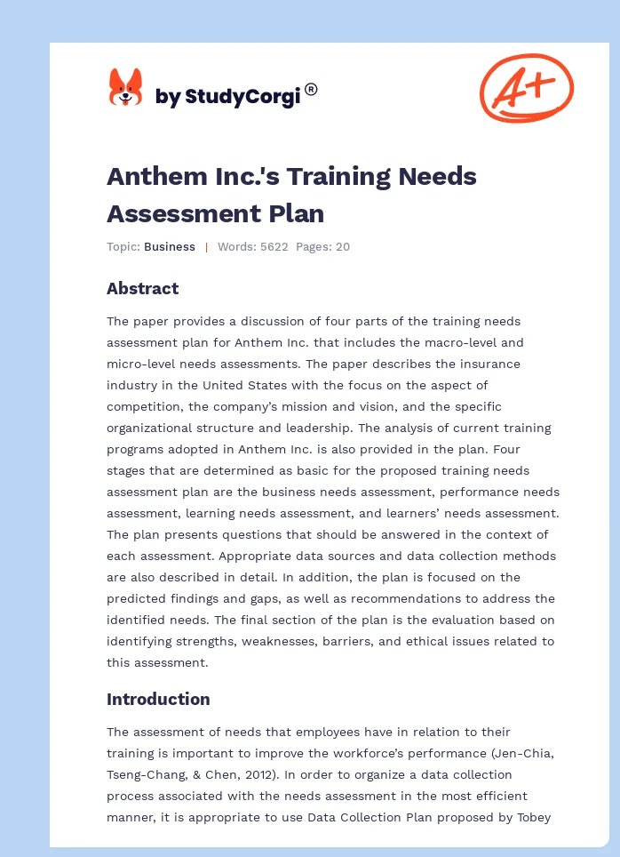 Anthem Inc.'s Training Needs Assessment Plan. Page 1