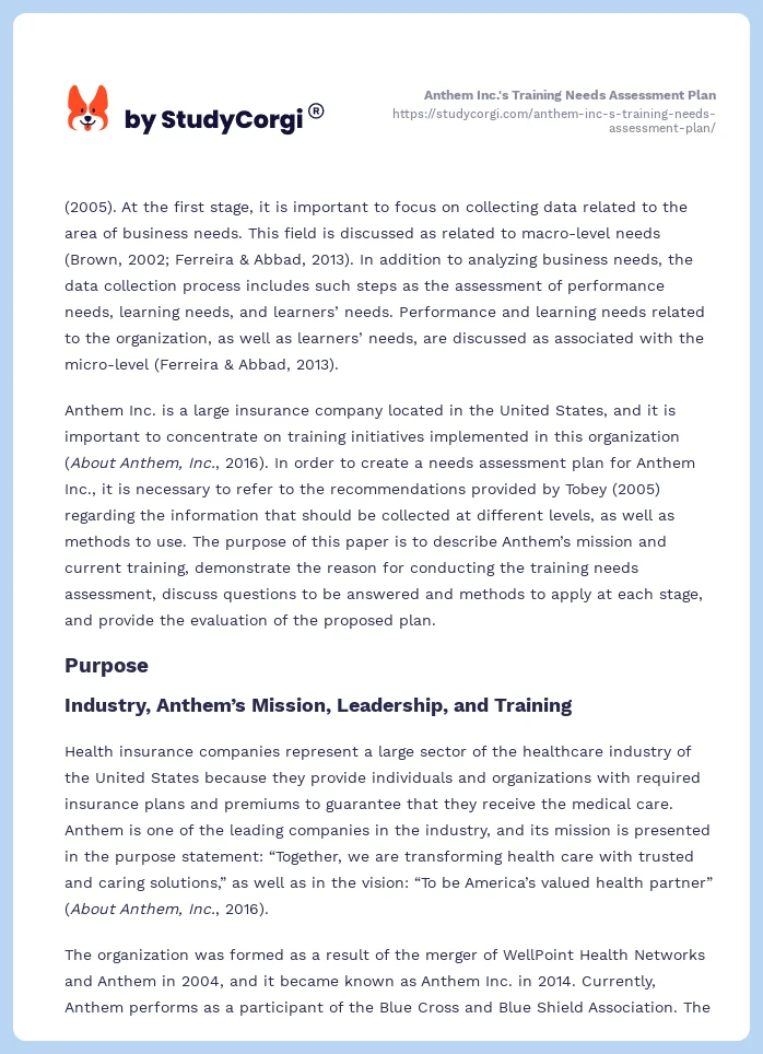 Anthem Inc.'s Training Needs Assessment Plan. Page 2