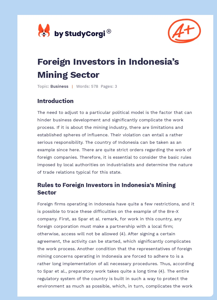 Foreign Investors in Indonesia’s Mining Sector. Page 1