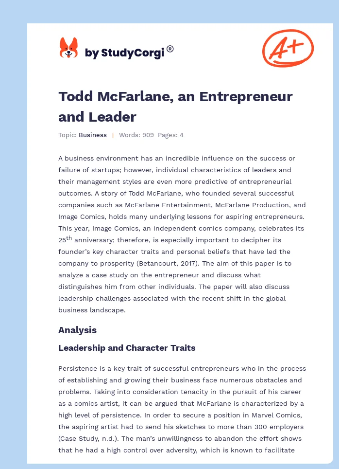 Todd McFarlane, an Entrepreneur and Leader. Page 1