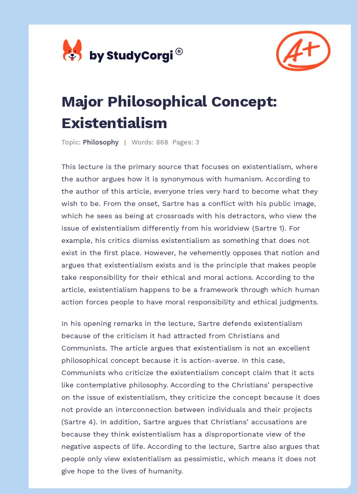 Major Philosophical Concept: Existentialism. Page 1