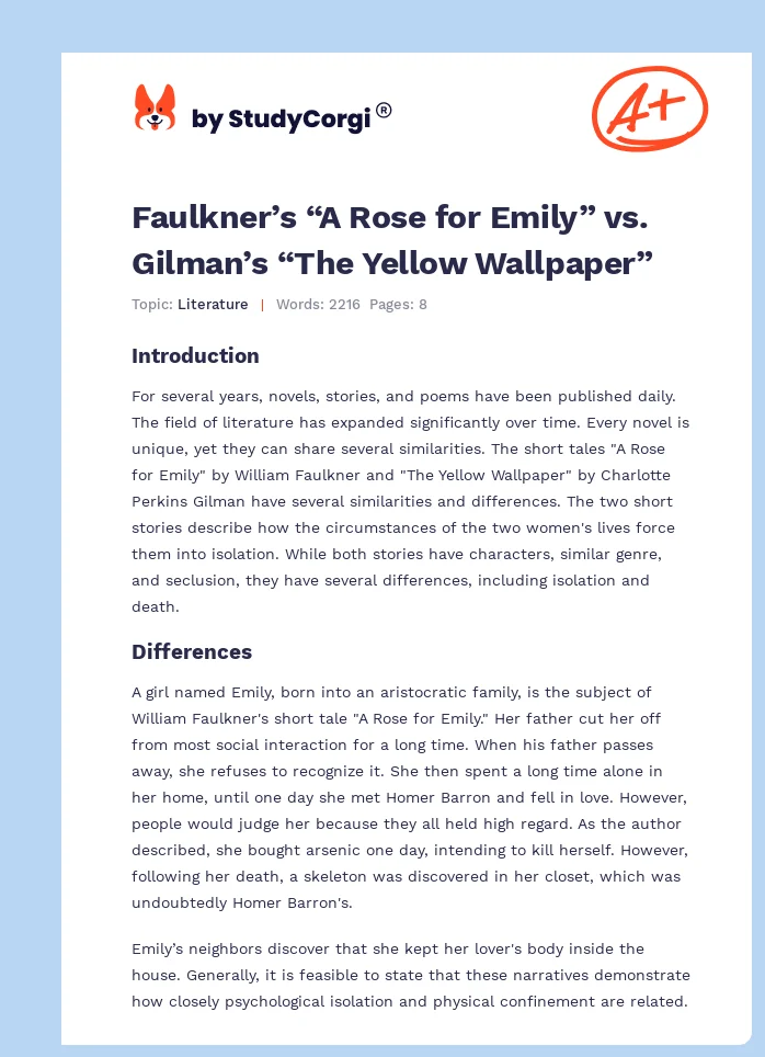 Faulkner’s “A Rose for Emily” vs. Gilman’s “The Yellow Wallpaper”. Page 1