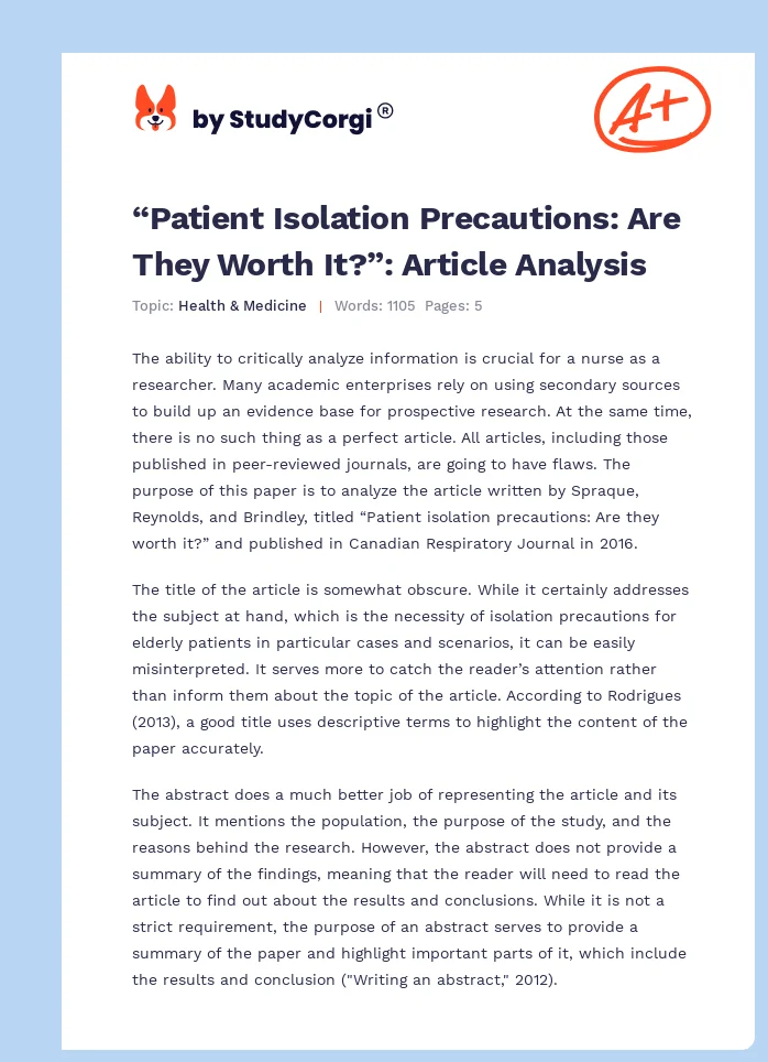 “Patient Isolation Precautions: Are They Worth It?”: Article Analysis. Page 1
