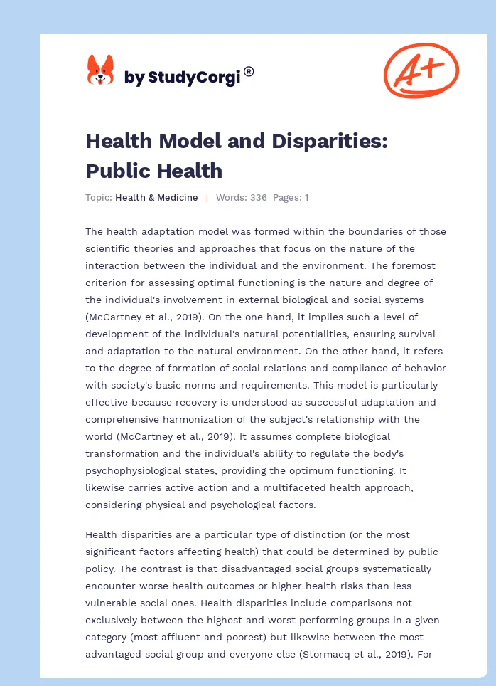 Health Model and Disparities: Public Health. Page 1