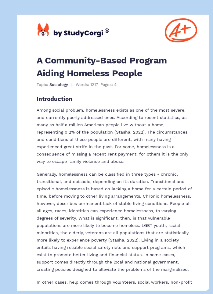 A Community-Based Program Aiding Homeless People. Page 1