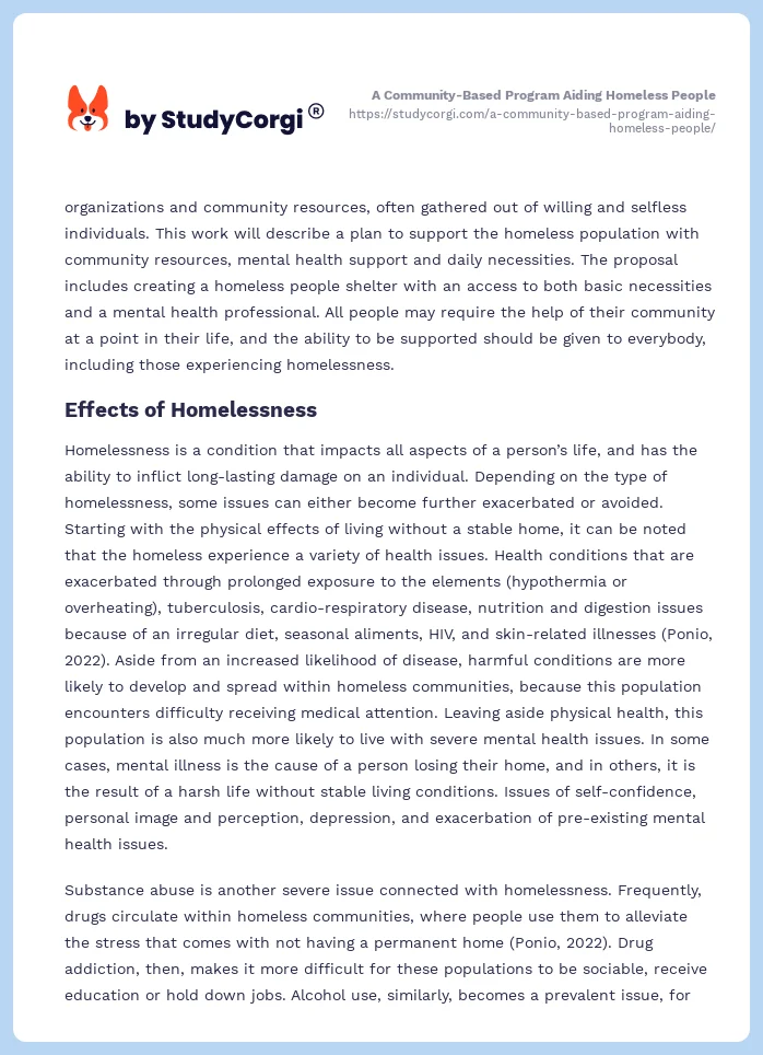 A Community-Based Program Aiding Homeless People. Page 2