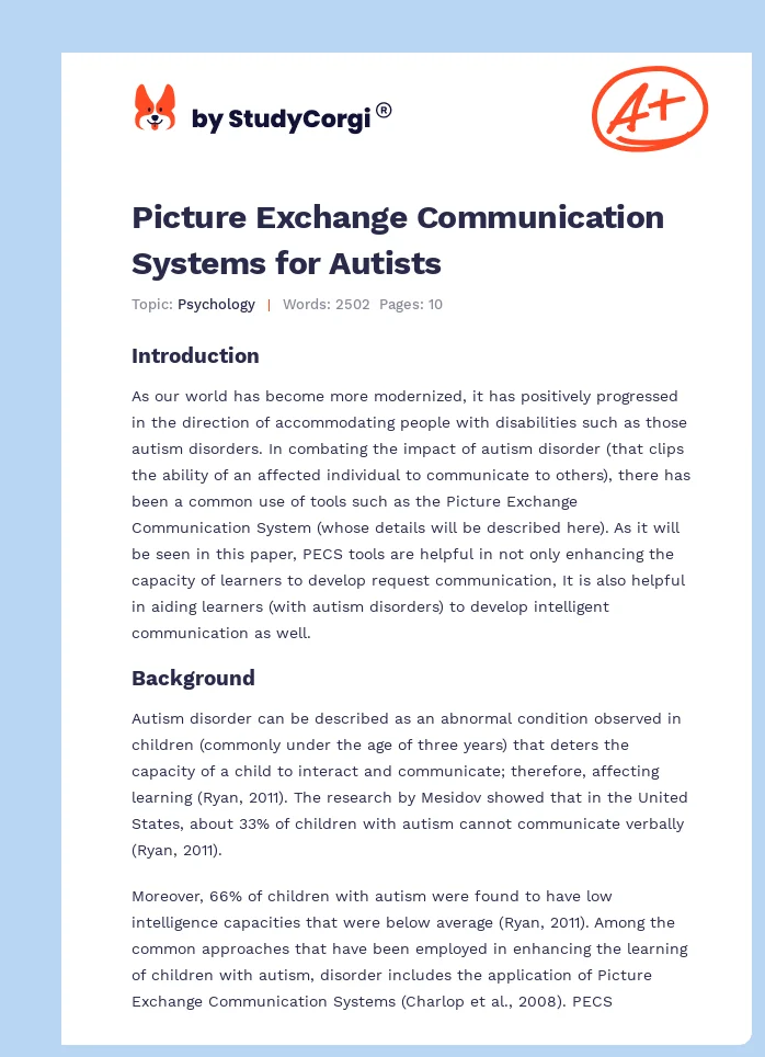 Picture Exchange Communication Systems for Autists. Page 1