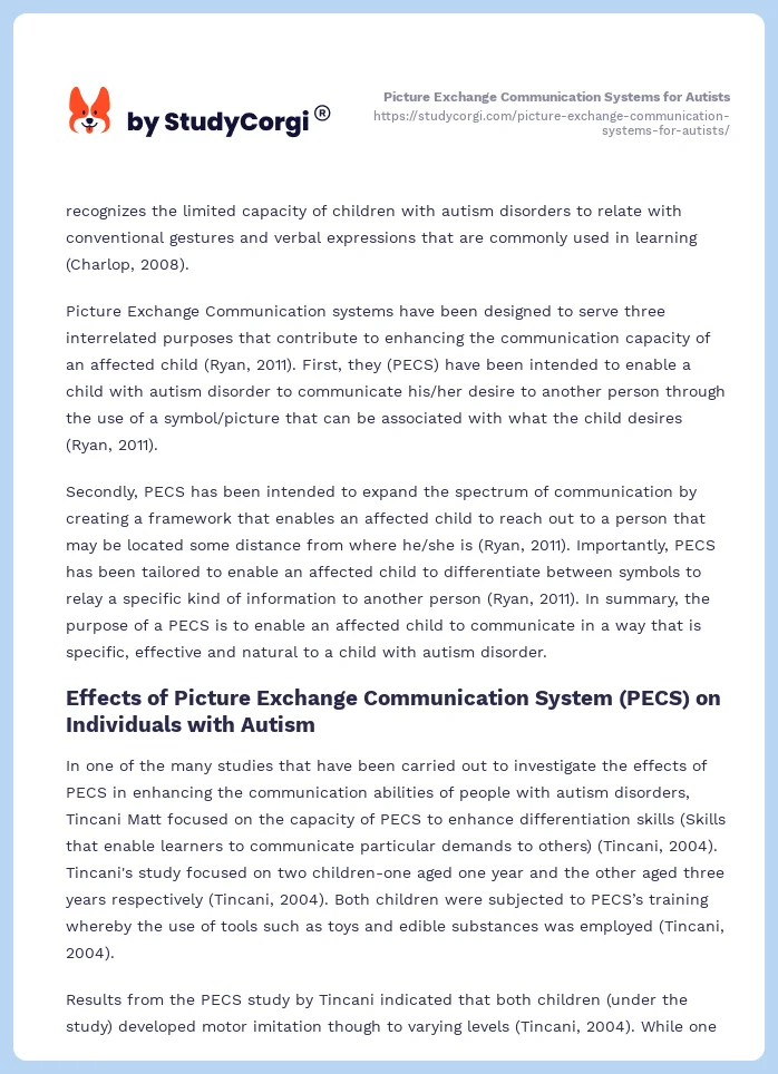 Picture Exchange Communication Systems for Autists. Page 2