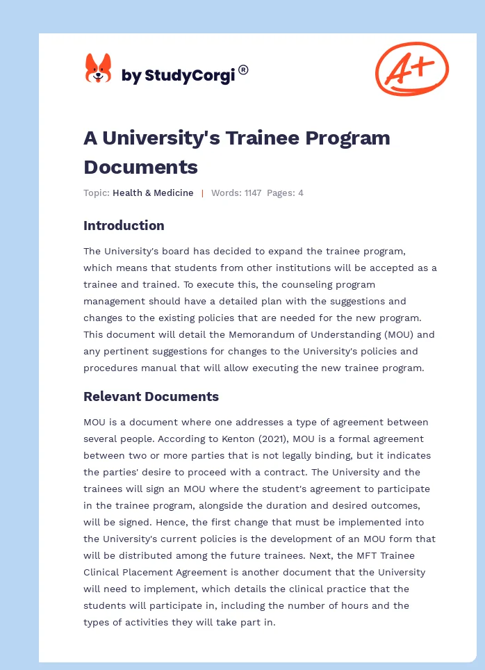 A University's Trainee Program Documents. Page 1