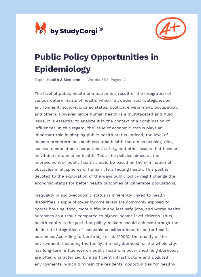 Public Policy Opportunities in Epidemiology. Page 1