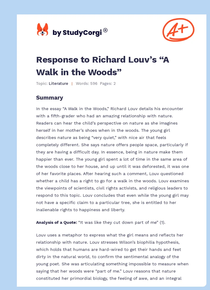 Response to Richard Louv’s “A Walk in the Woods”. Page 1