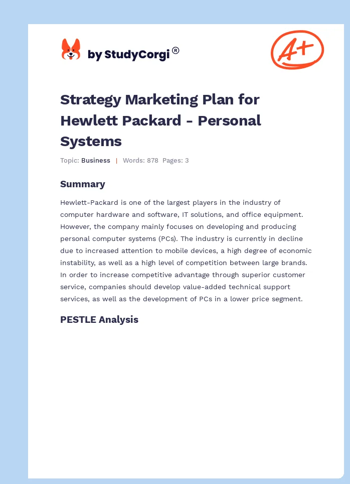 Strategy Marketing Plan for Hewlett Packard - Personal Systems. Page 1