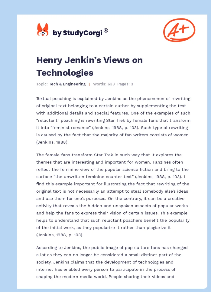 Henry Jenkin’s Views on Technologies. Page 1