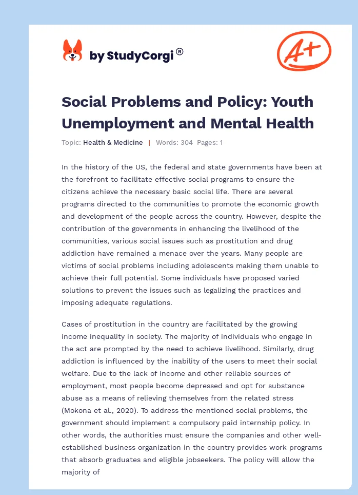 Social Problems and Policy: Youth Unemployment and Mental Health. Page 1