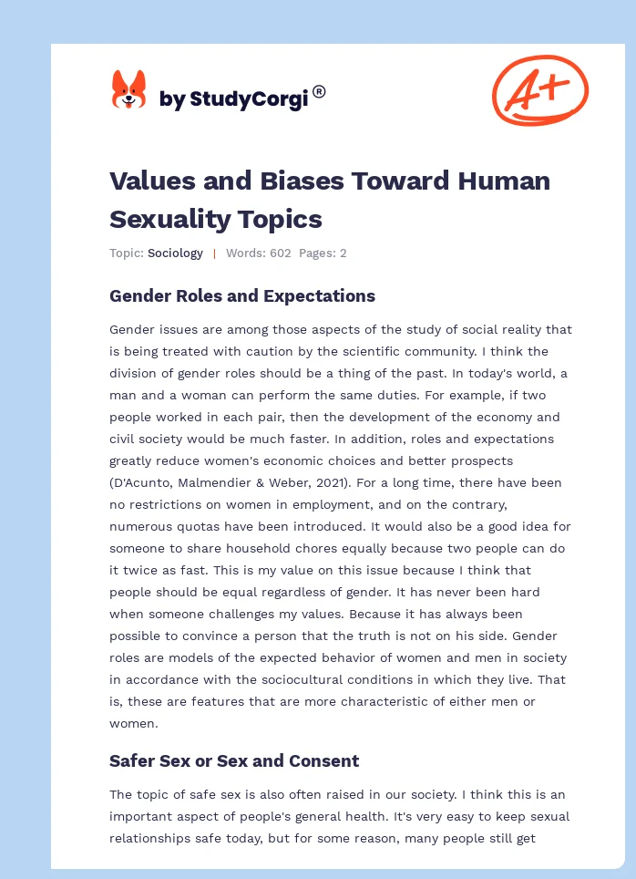 Values and Biases Toward Human Sexuality Topics. Page 1