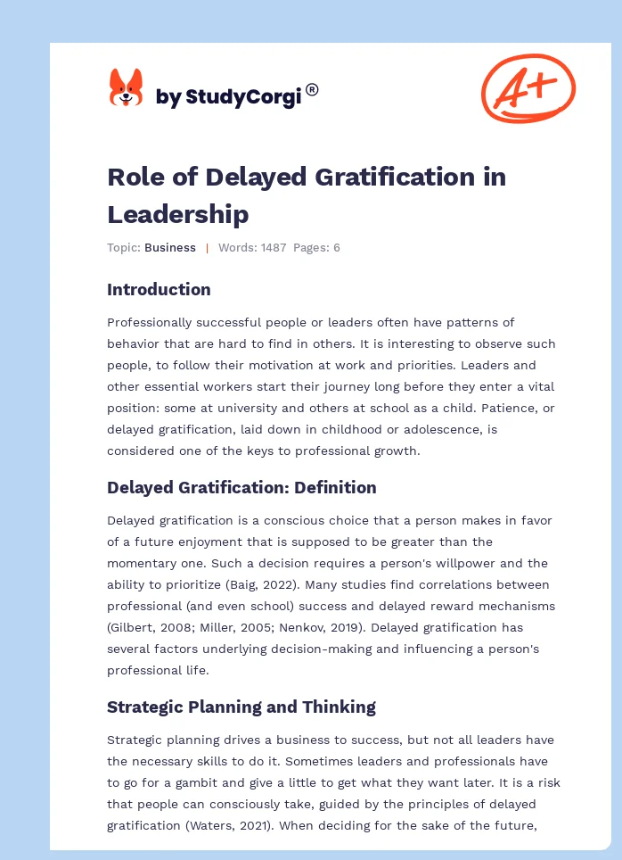 Role of Delayed Gratification in Leadership. Page 1