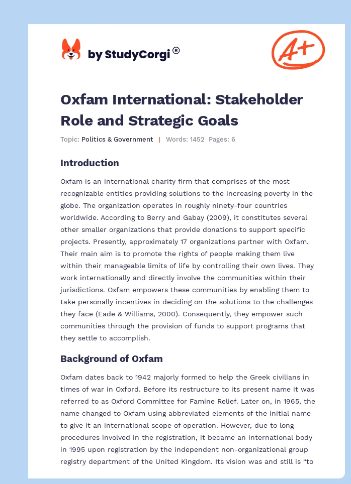 Oxfam International: Stakeholder Role and Strategic Goals. Page 1