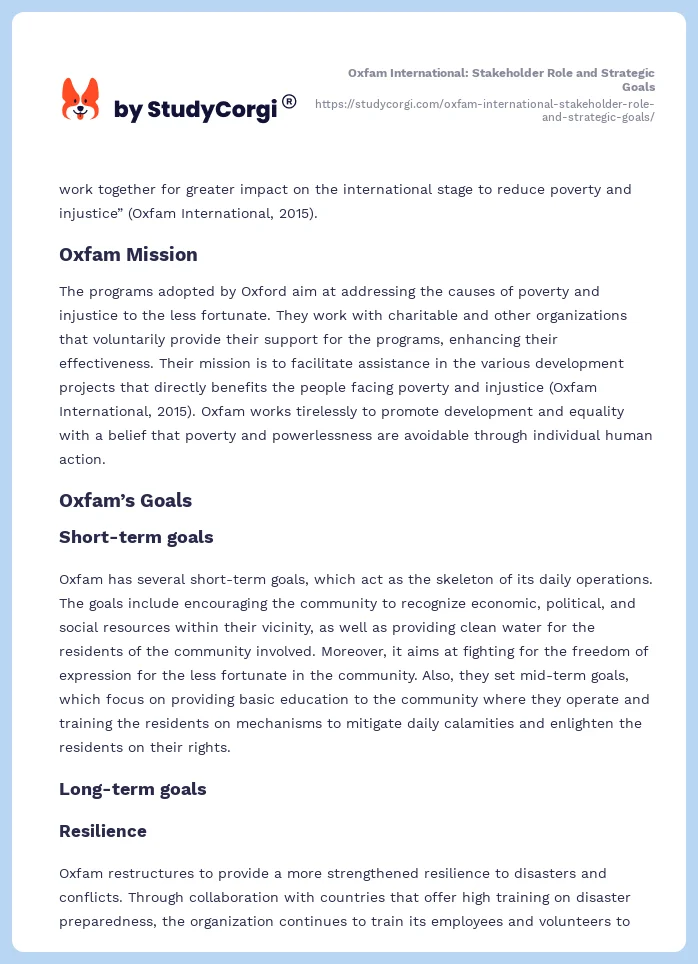 Oxfam International: Stakeholder Role and Strategic Goals. Page 2