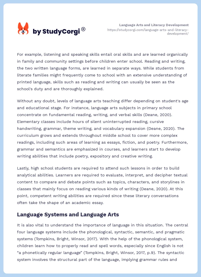 Language Arts and Literacy Development. Page 2