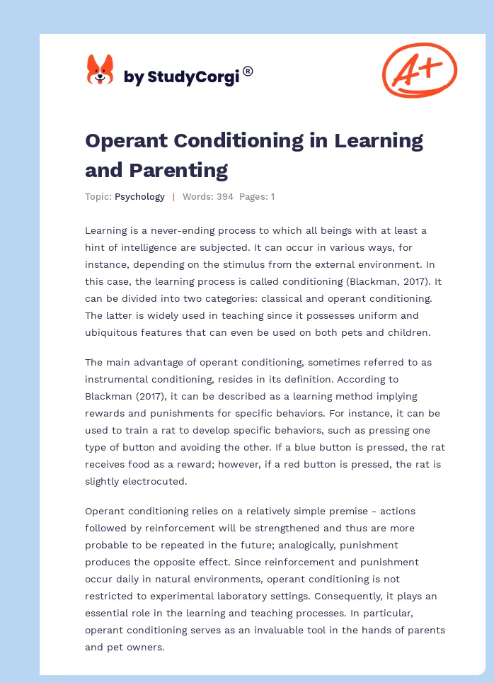 Operant Conditioning in Learning and Parenting. Page 1