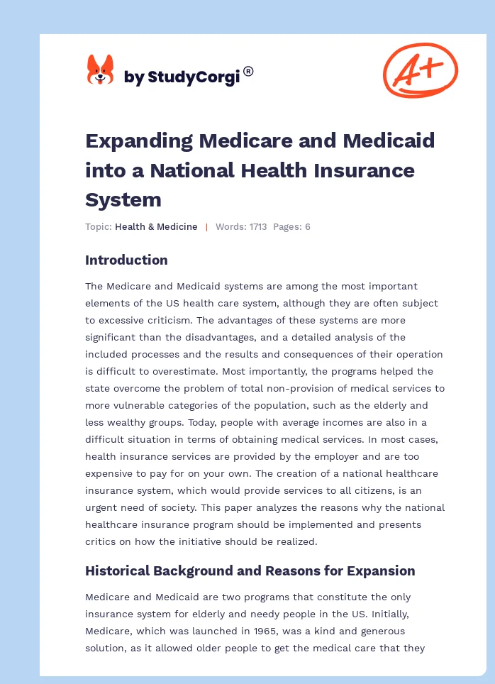 Expanding Medicare and Medicaid into a National Health Insurance System. Page 1