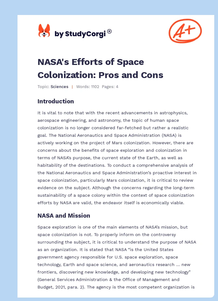 NASA's Efforts of Space Colonization: Pros and Cons. Page 1