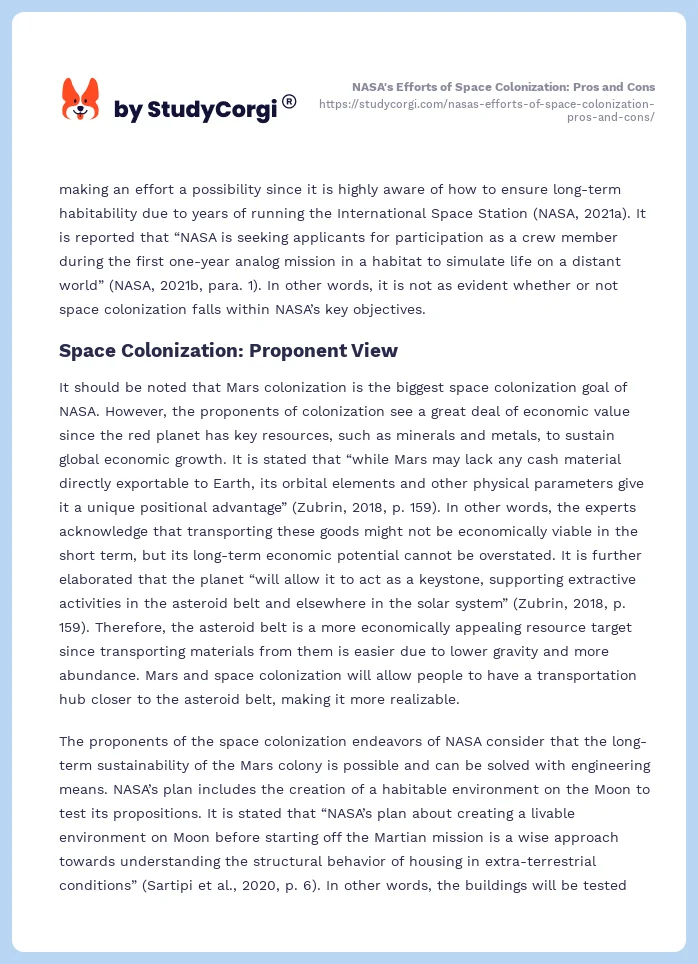 NASA's Efforts of Space Colonization: Pros and Cons. Page 2