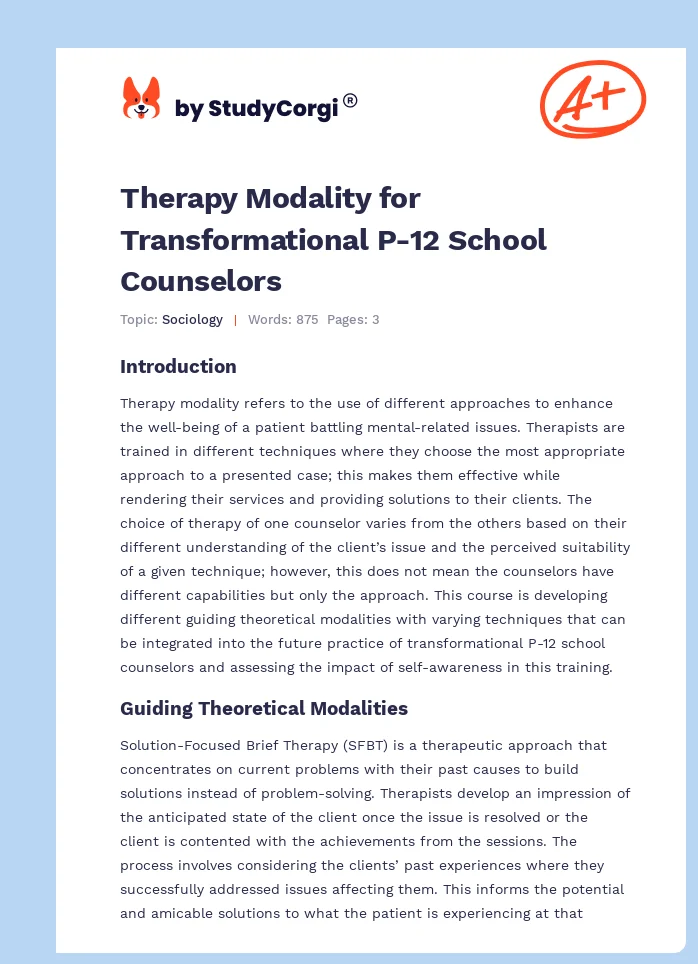 Therapy Modality for Transformational P-12 School Counselors. Page 1