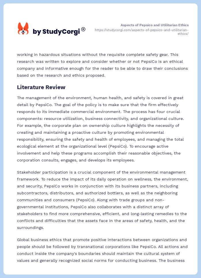 Aspects of Pepsico and Utilitarian Ethics. Page 2