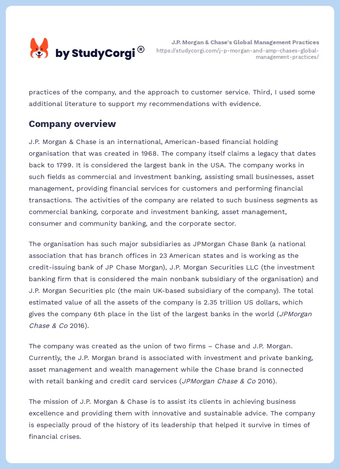 J.P. Morgan & Chase's Global Management Practices. Page 2
