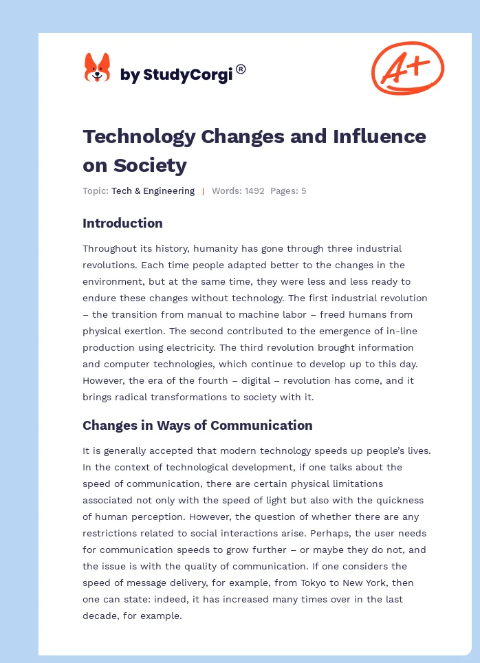 Technology Changes and Influence on Society. Page 1
