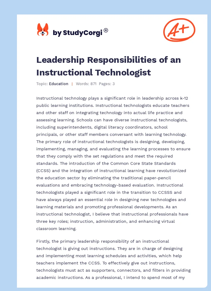 Leadership Responsibilities of an Instructional Technologist. Page 1