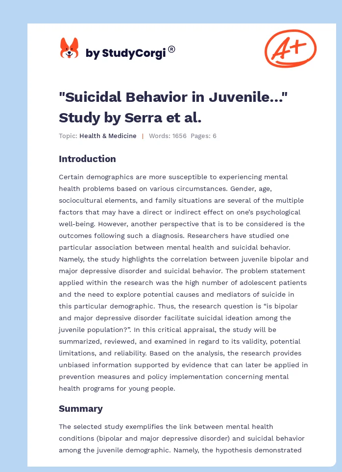 "Suicidal Behavior in Juvenile…" Study by Serra et al.. Page 1