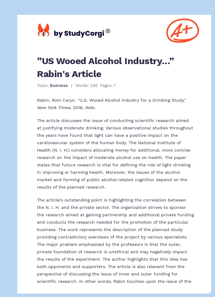 ”US Wooed Alcohol Industry…” Rabin's Article. Page 1