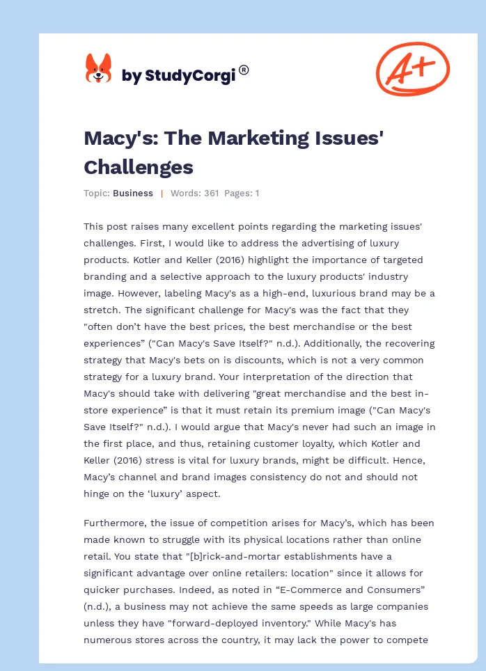 Macy's: The Marketing Issues' Challenges. Page 1