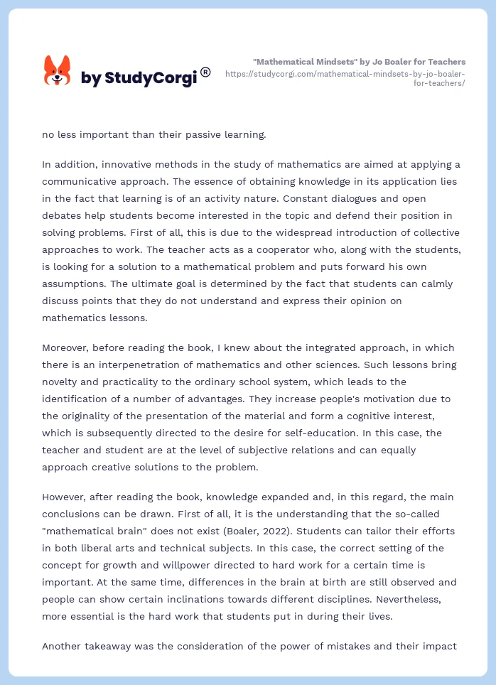 "Mathematical Mindsets" by Jo Boaler for Teachers. Page 2