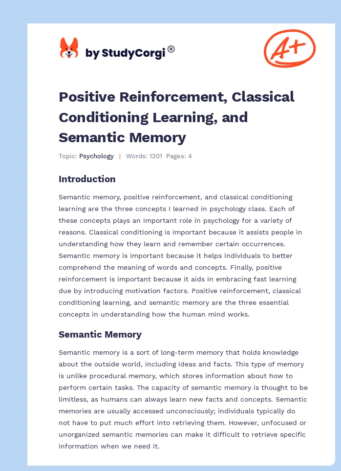 Positive Reinforcement, Classical Conditioning Learning, and Semantic Memory. Page 1