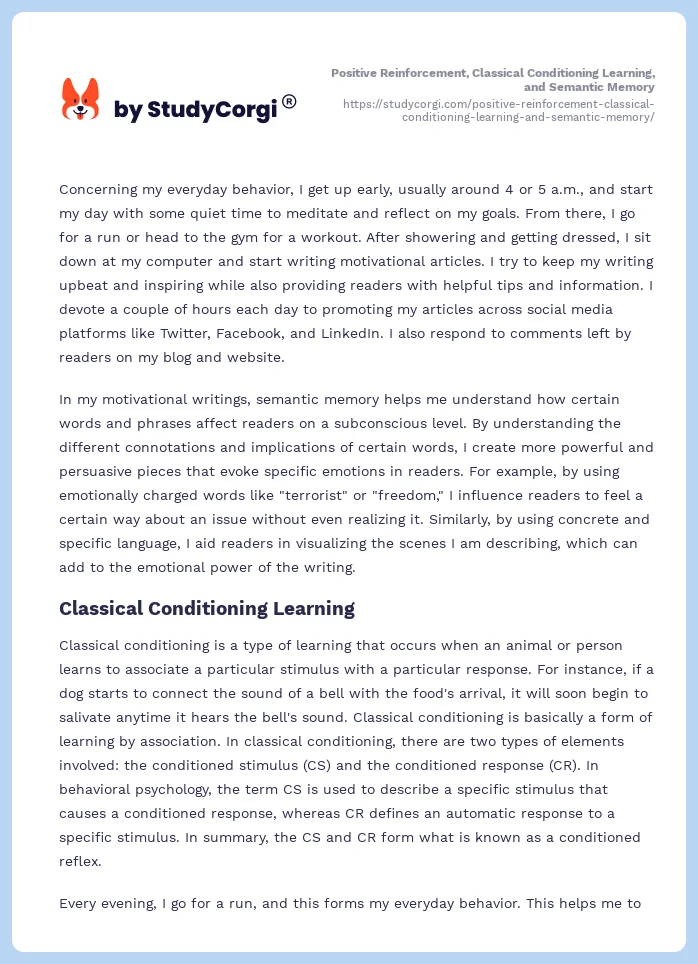 Positive Reinforcement, Classical Conditioning Learning, and Semantic Memory. Page 2