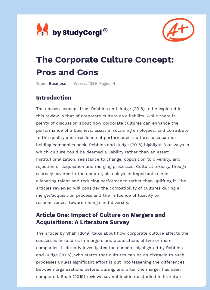 The Corporate Culture Concept: Pros and Cons. Page 1