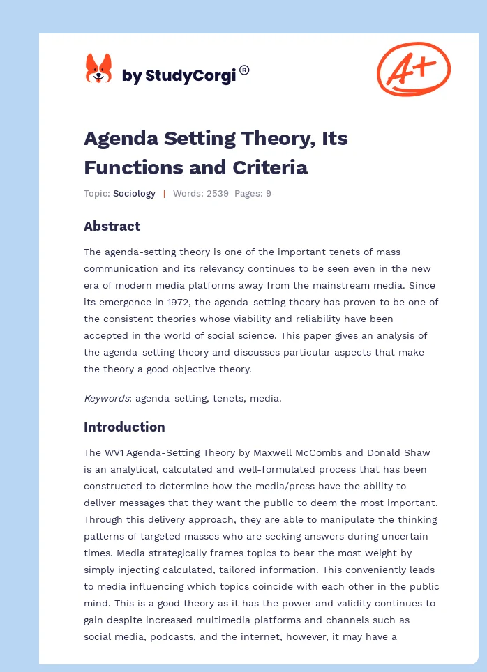 Agenda Setting Theory, Its Functions and Criteria. Page 1