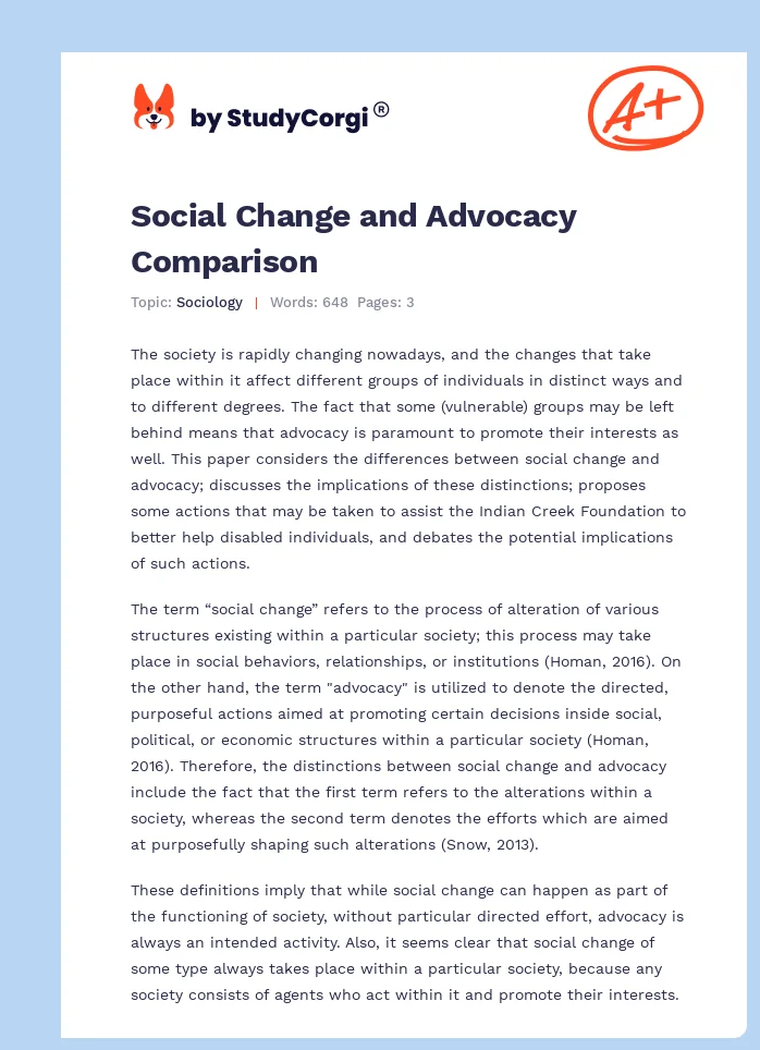 Social Change and Advocacy Comparison. Page 1
